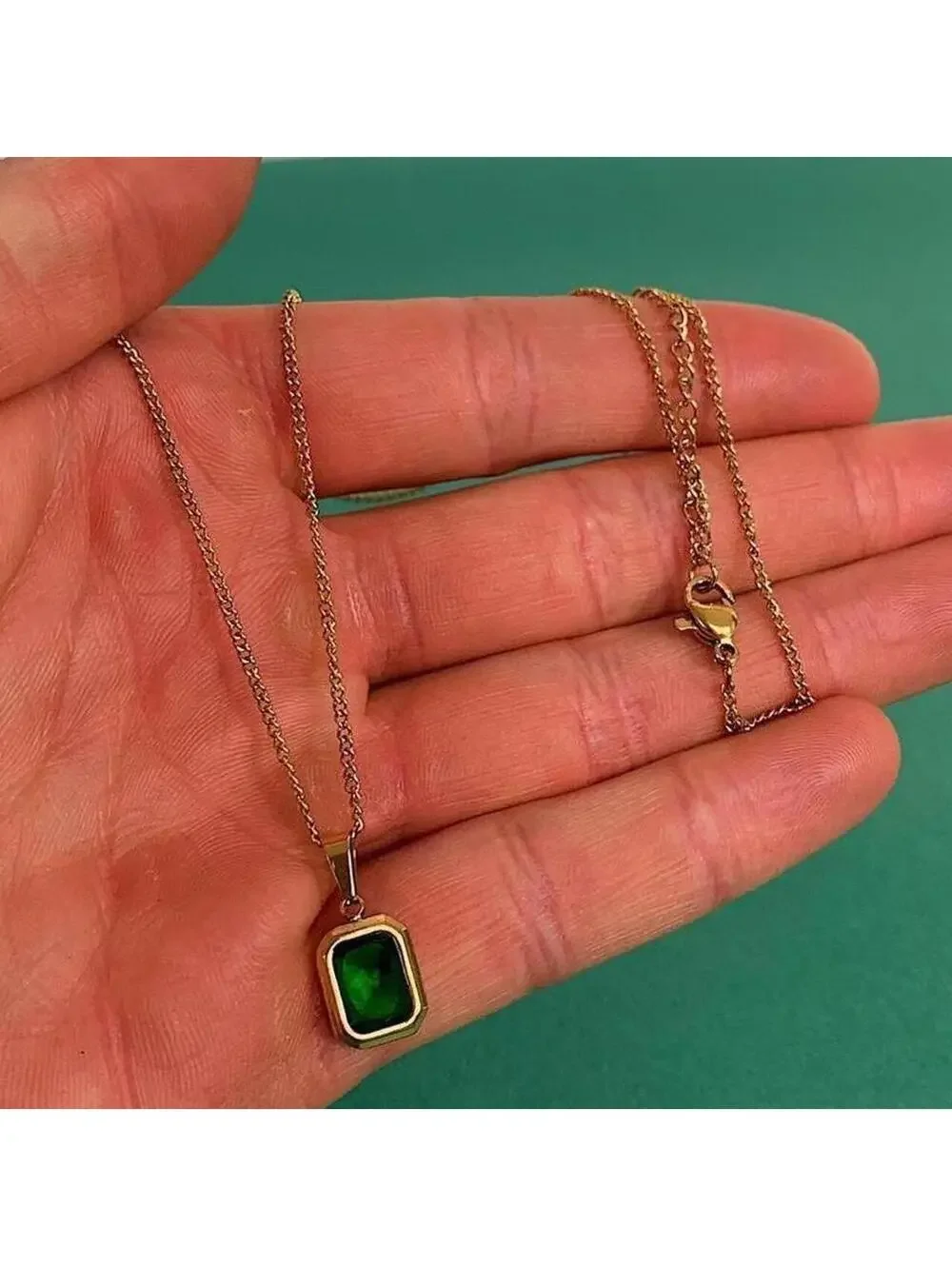 Classy minimalist Gold Chain Green jewel pendant necklace. Chain is unisex. 18